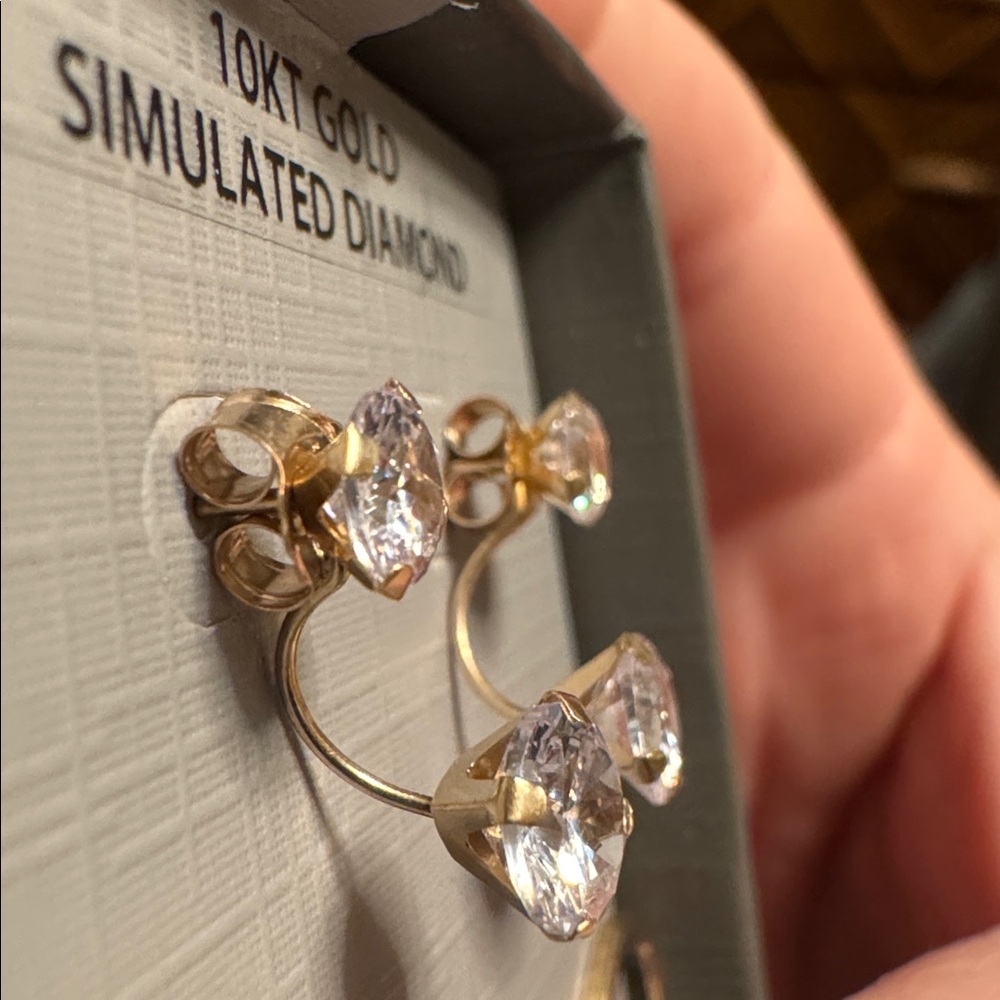 10KT Gold Simulated Diamond Ear Jacket Earrings - Picture 3 of 3